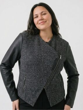 Banana Republic Charcoal Gray Body with Black Leather Sleeve Moto Jacket